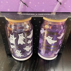 Halloween Cat Ghost Purranormal Glass Tumbler Cups Glass Straw/lid, set of 2